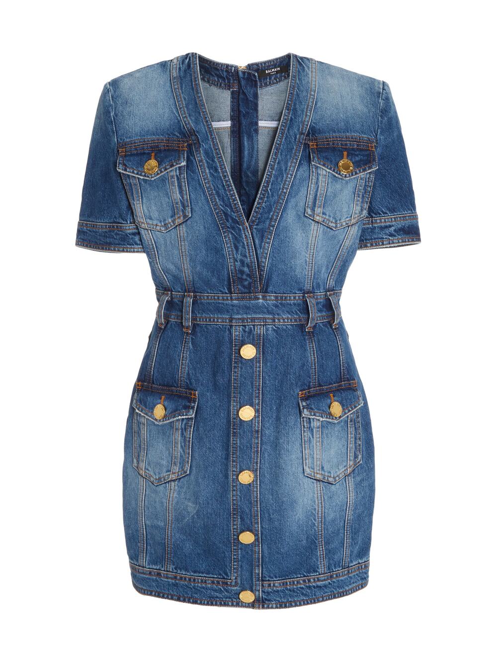 Balmain Denim Blue V Neck Mini Dress Size Fr 36 / US 4